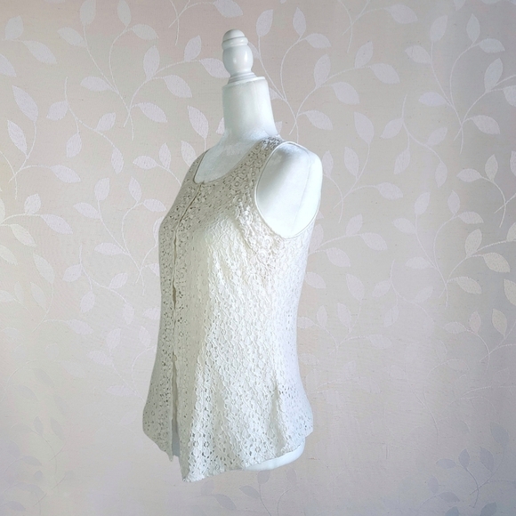 Vintage 90s Van Heusen Cream Floral Eyelet Button Front Sleeveless Top Vest XS - Picture 11 of 16